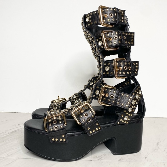 New! Jeffrey Campbell Ramones Black Gold Platform Mid Calf Gladiator Sandal 5
